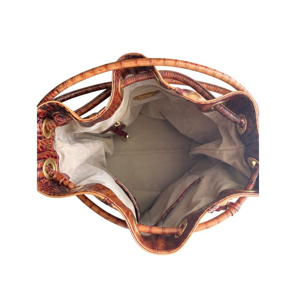 Brahmin Dee Dee Novella Leather Handbag Tan & Brown Croc Embossed Bucket Bag - Picture 8 of 15